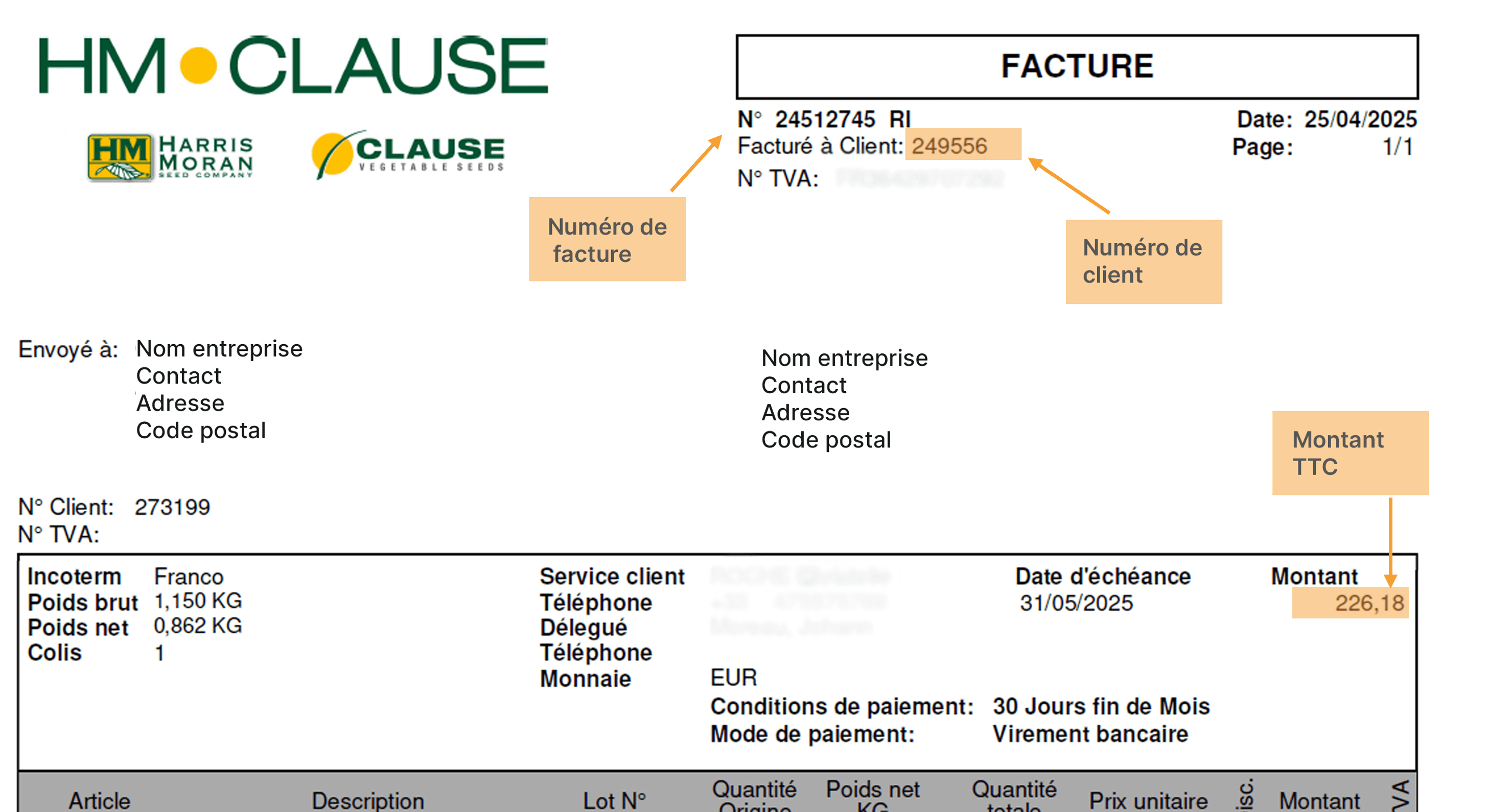 Photo d'une facture type HM.CLAUSE avec les indications clés pour le paiement en ligne