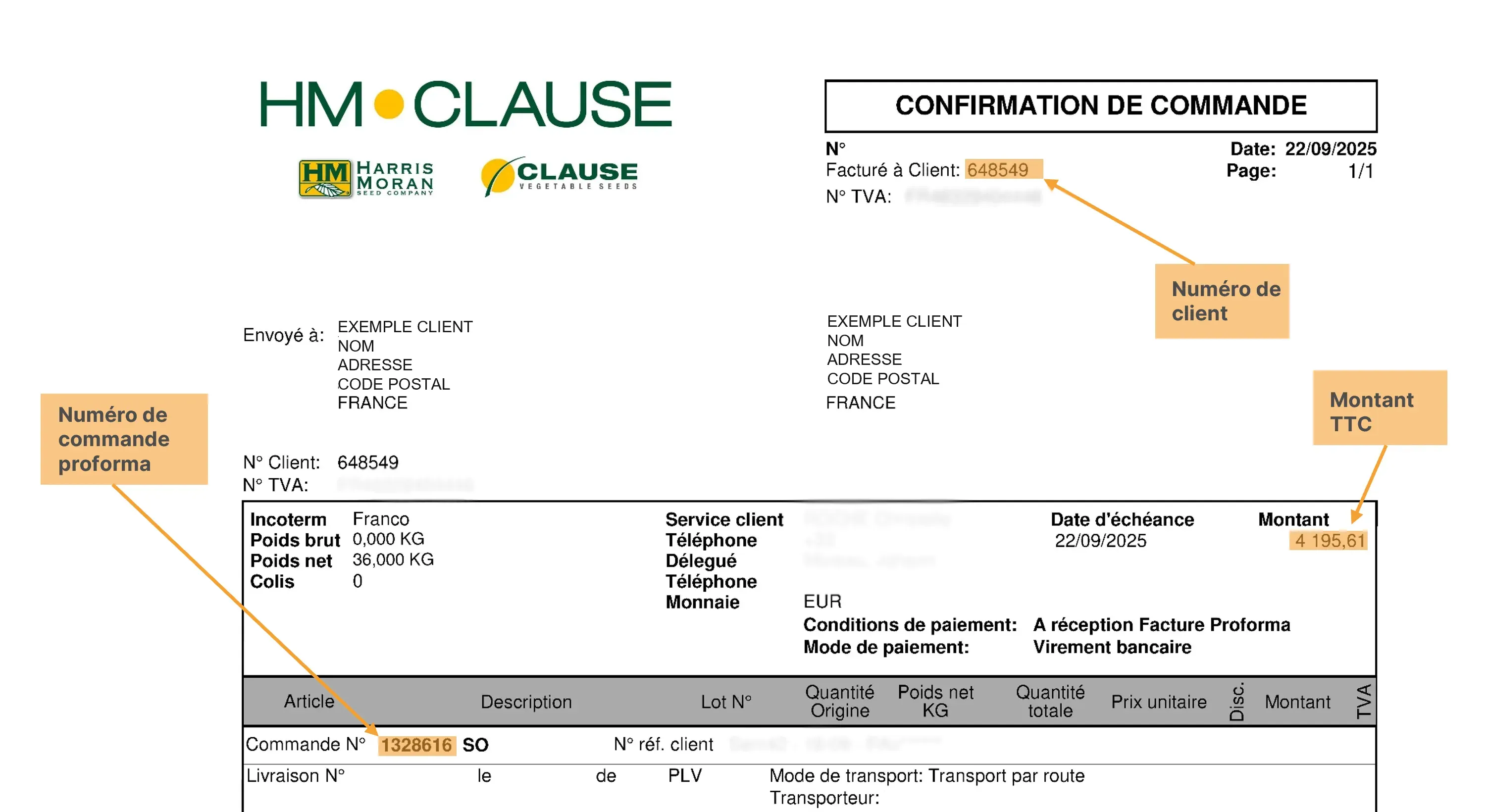 Exemple de confirmation de commande avec les éléments clés pour procéder au paiement en ligne